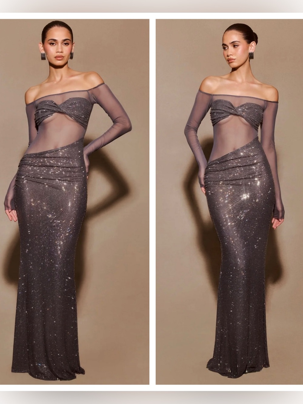 NWT Meshki Nash Diamante Off Shoulder Maxi Dress Gunmetal sz M party glam sexy
